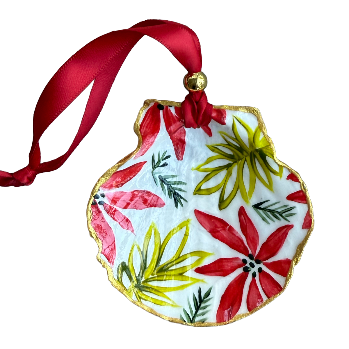 Decorative ornament with red and green floral design on a white background