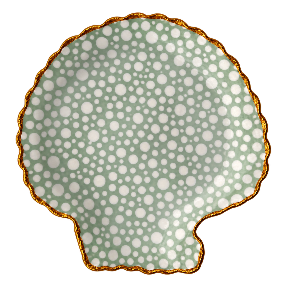 Sea Foam shell trinket dish with white dots on a soft seafoam-green background and a gold-toned edge.