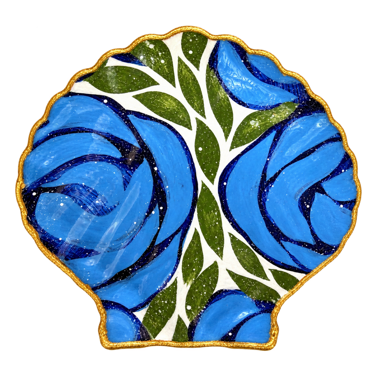 Coastal Rose shell trinket dish with blue roses outlined in navy, olive-green leaves, white speckles, and a gold-toned edge.