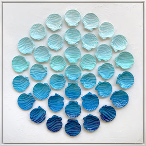 Deep Blue Drift by Dora Knuteson-Artistic arrangement of blue and green seashells on a white background