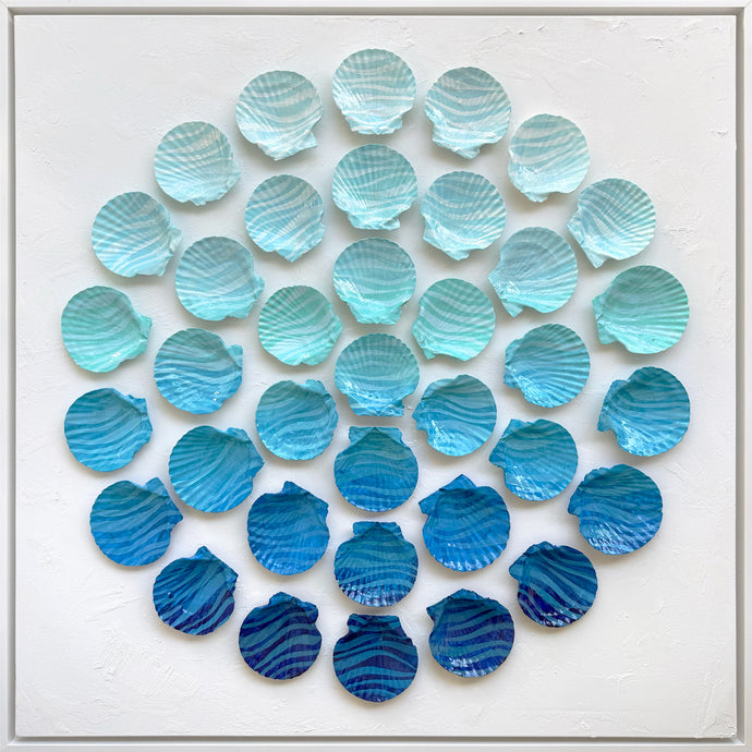 Deep Blue Drift by Dora Knuteson-Artistic arrangement of blue and green seashells on a white background