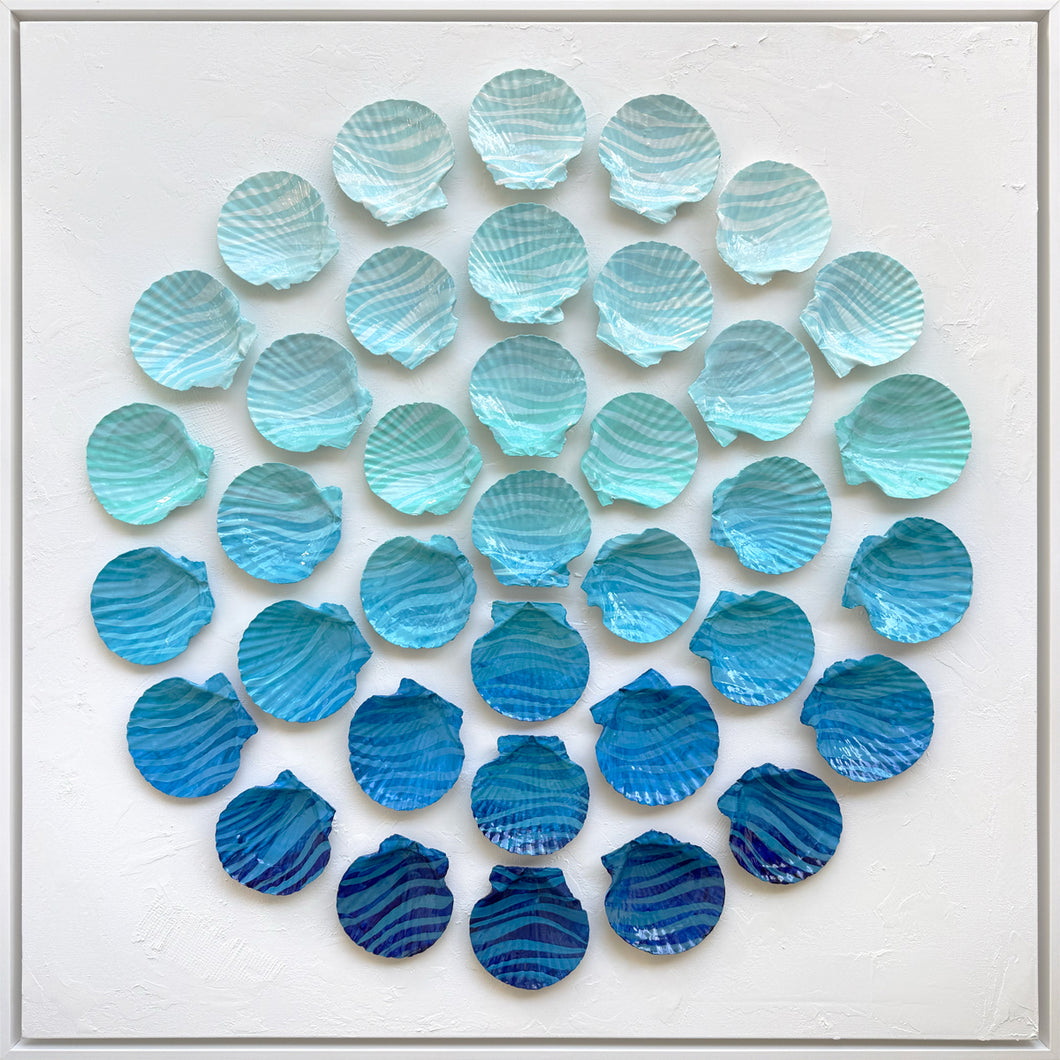Deep Blue Drift by Dora Knuteson-Artistic arrangement of blue and green seashells on a white background