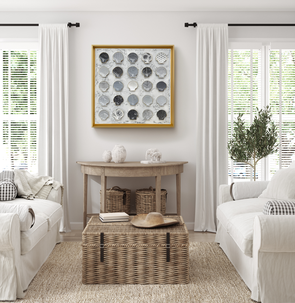 Living room with white sofas, a wooden coffee table, and decorative items showcasing shell wall art by Dora Knuteson.