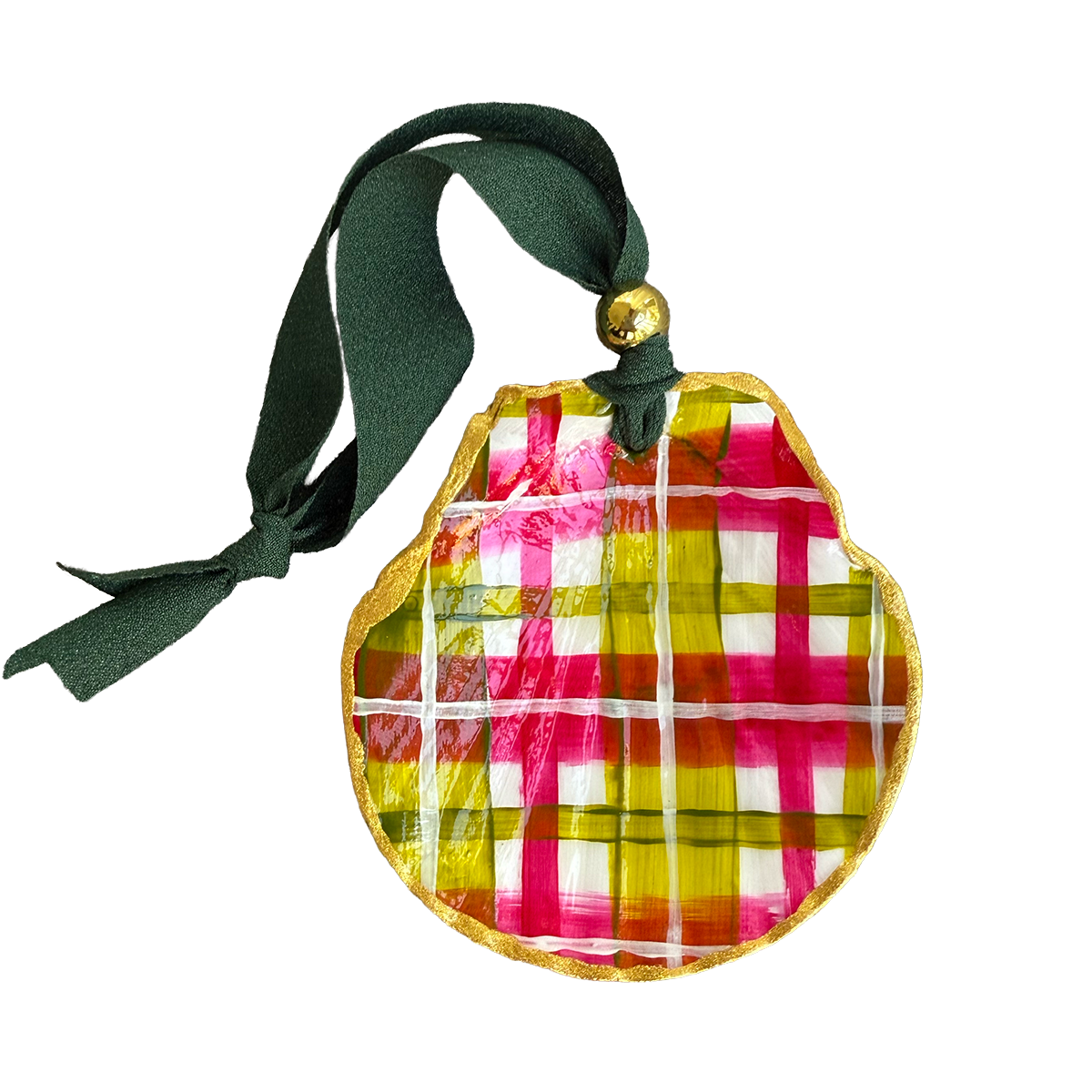 Colorful plaid painted shell ornament with a green ribbon on a white background