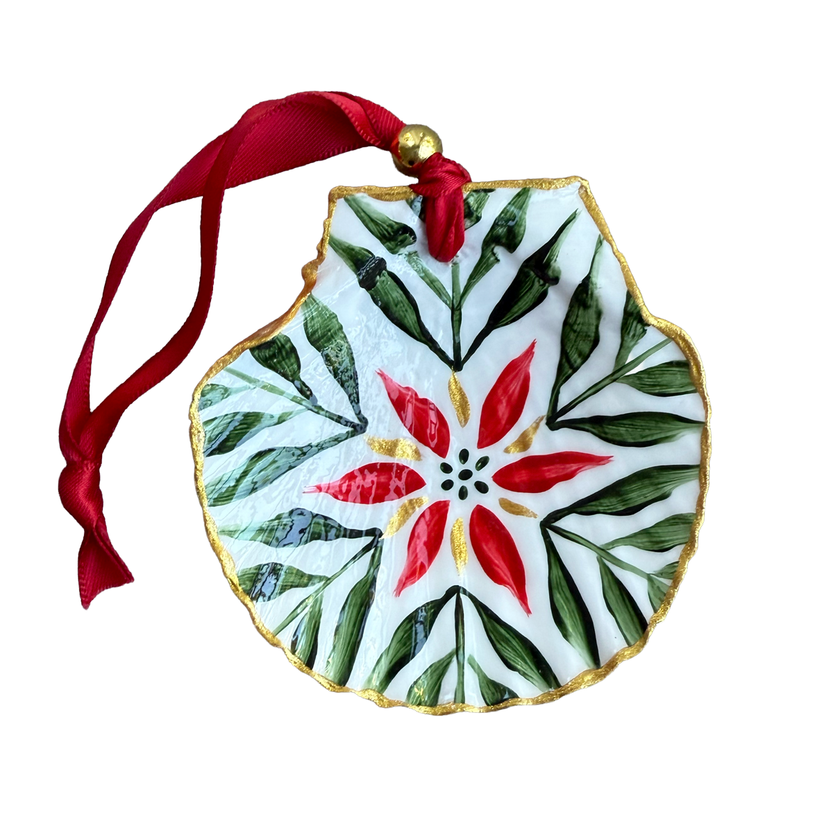 Decorative ornament with red flower design and green leaves on a white background