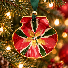 Load image into Gallery viewer, Golden Poinsettia ornament hanging on a Christmas tree
