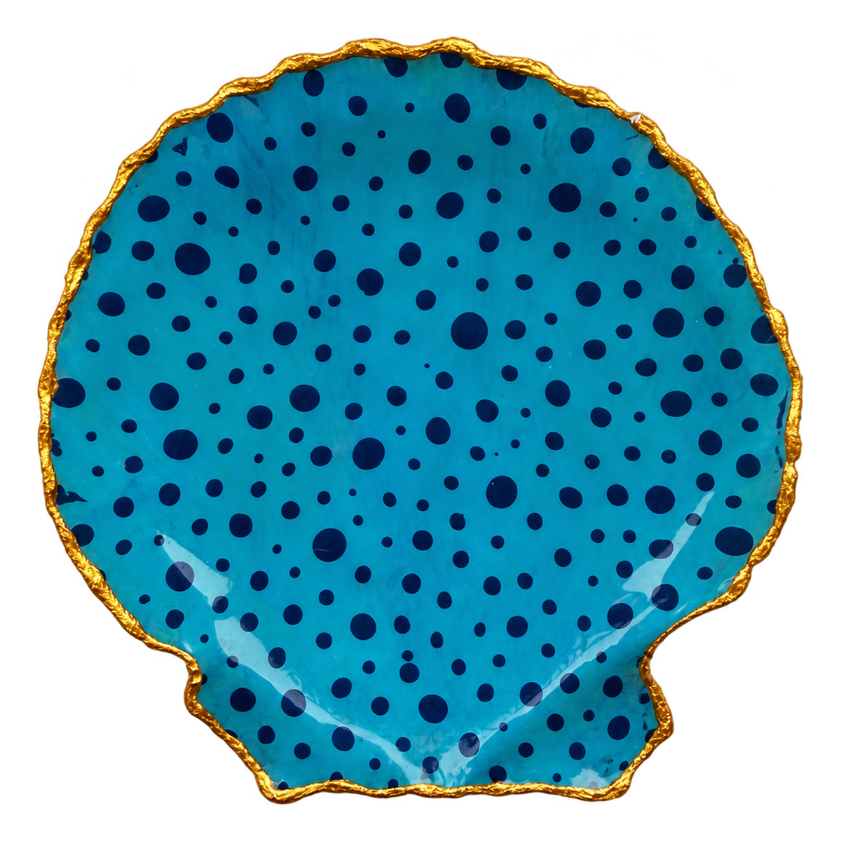 Turquoise shell trinket dish with scattered navy blue dots, a glossy finish, and a gold-toned edge.