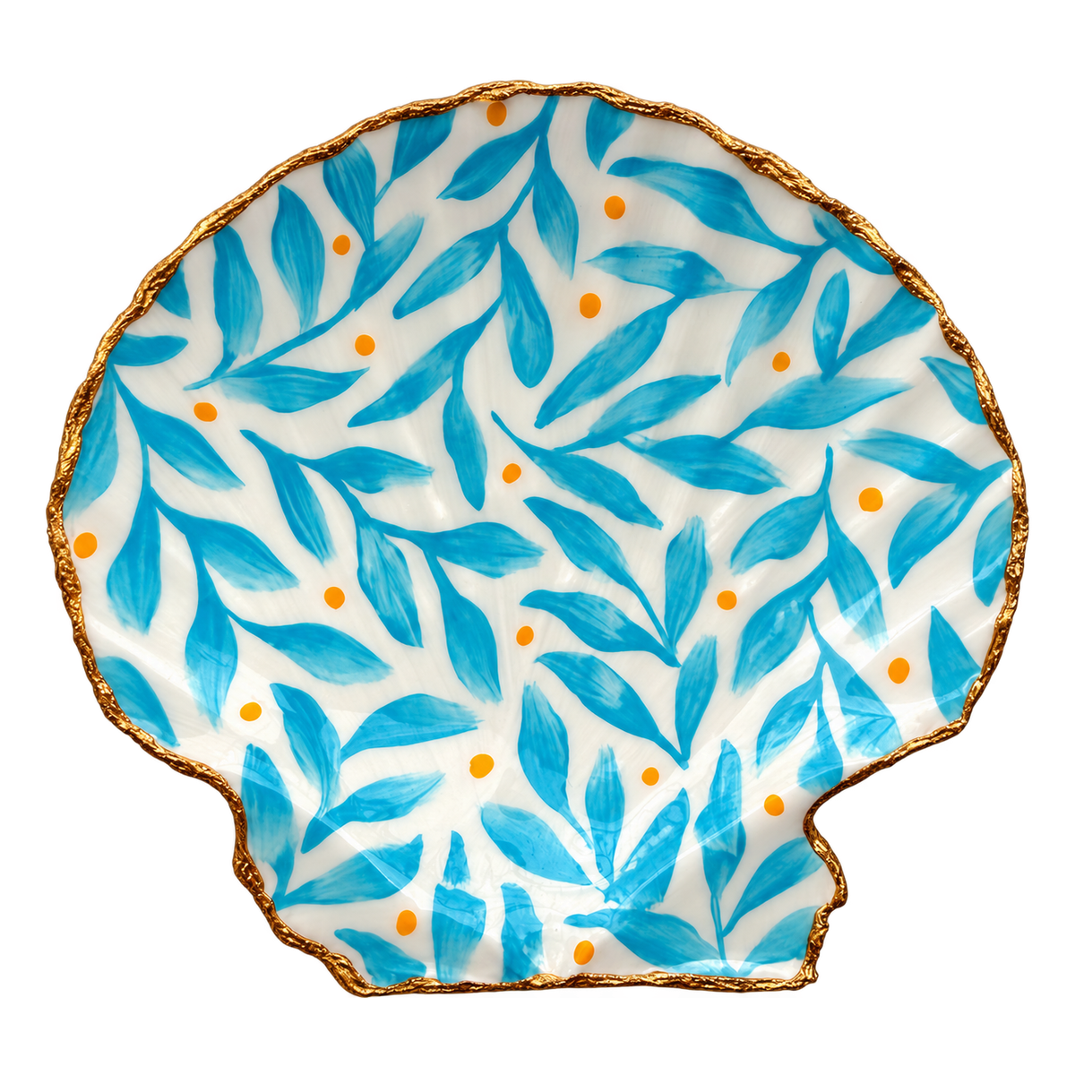 Sea Sprig shell trinket dish with turquoise leafy branches and orange dots on a white background with a gold-toned edge.