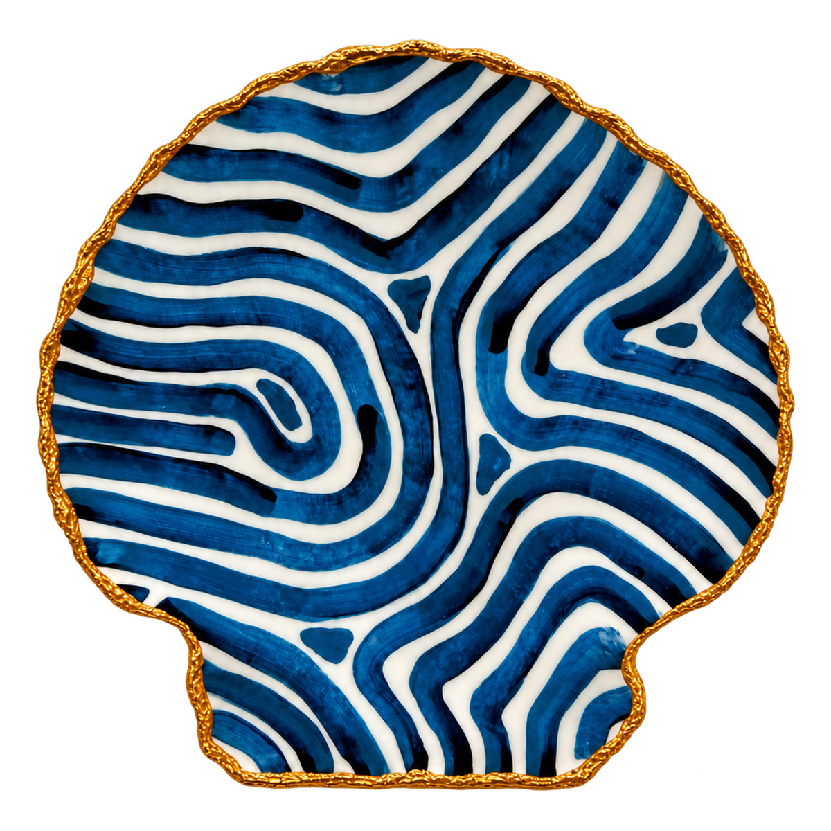 Shoreline-Fine shell trinket dish with flowing ocean-blue and white stripes and a gold-toned edge.