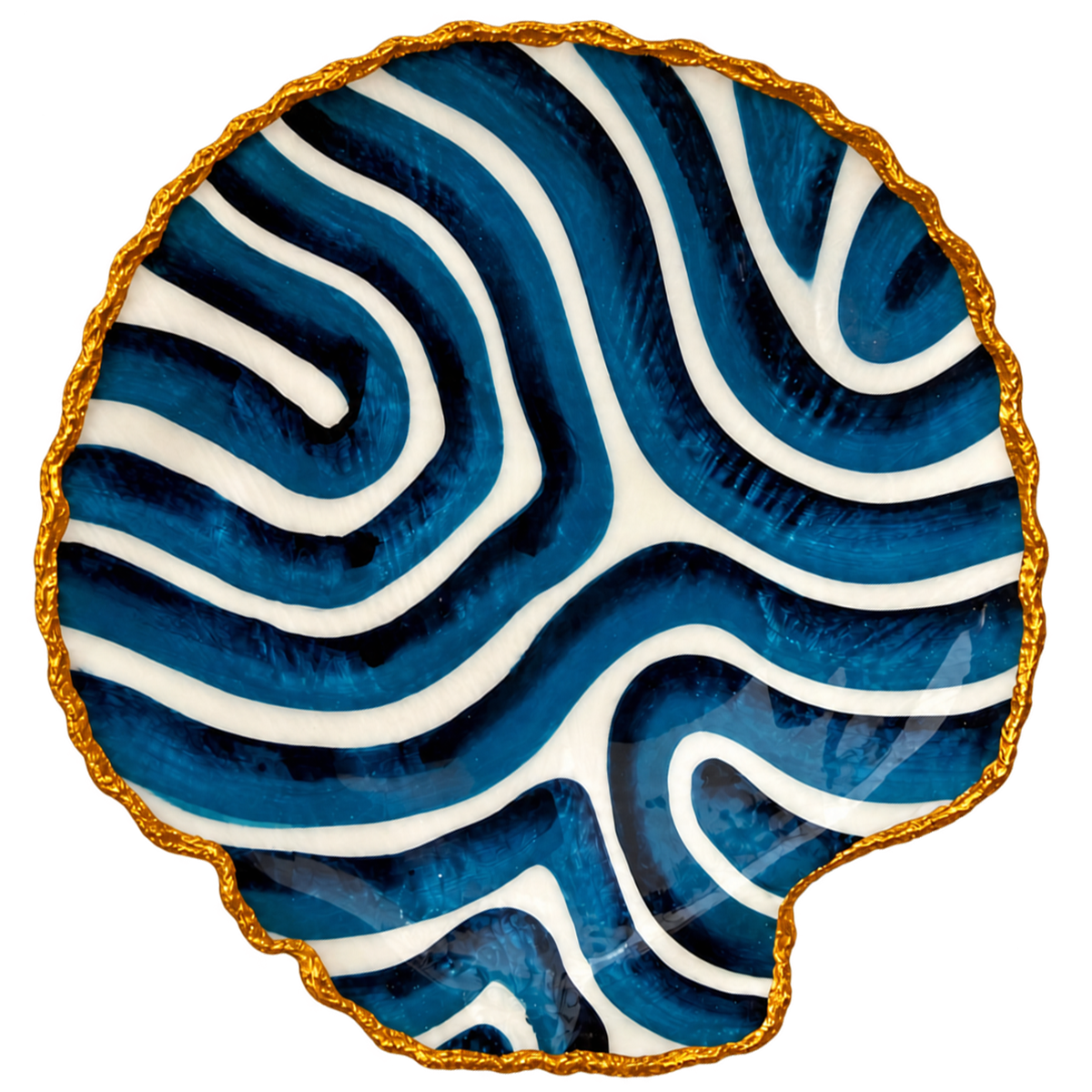 Shoreline-Bold shell trinket dish with wide curving ocean-blue bands, white lines, and a gold-toned edge.