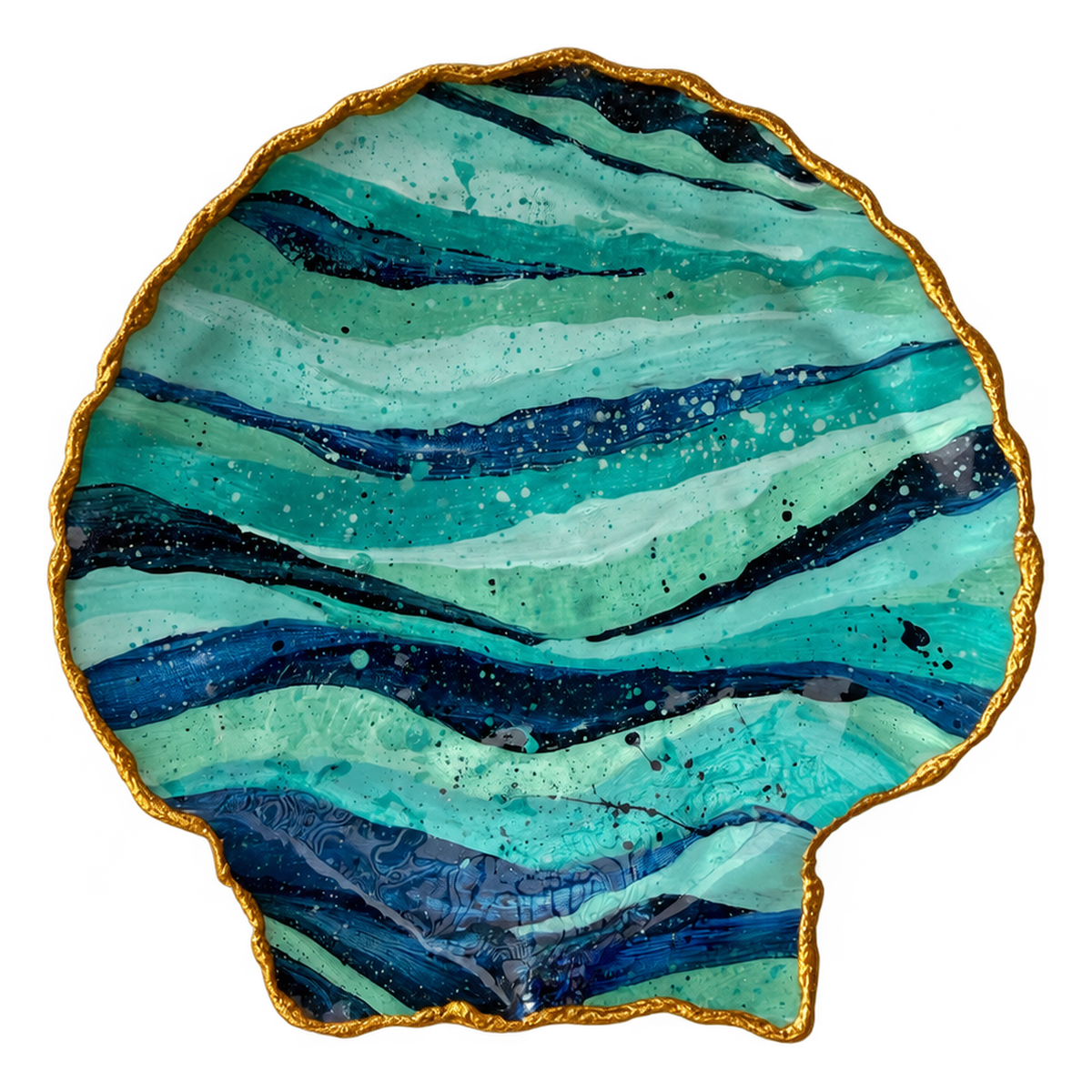Tidal Flow shell trinket dish with flowing seafoam, turquoise, and navy bands, speckled details, and a gold-toned edge.